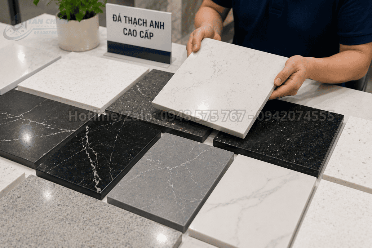 Các mẫu đá thạch anh làm bàn bếp màu trắng đen xám đẹp