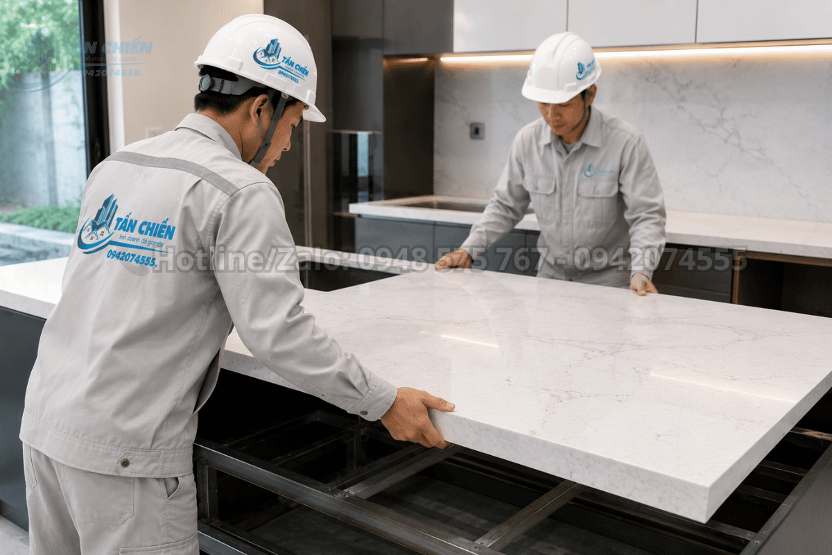 Thi công đá thạch anh làm bàn bếp tại công trình thực tế