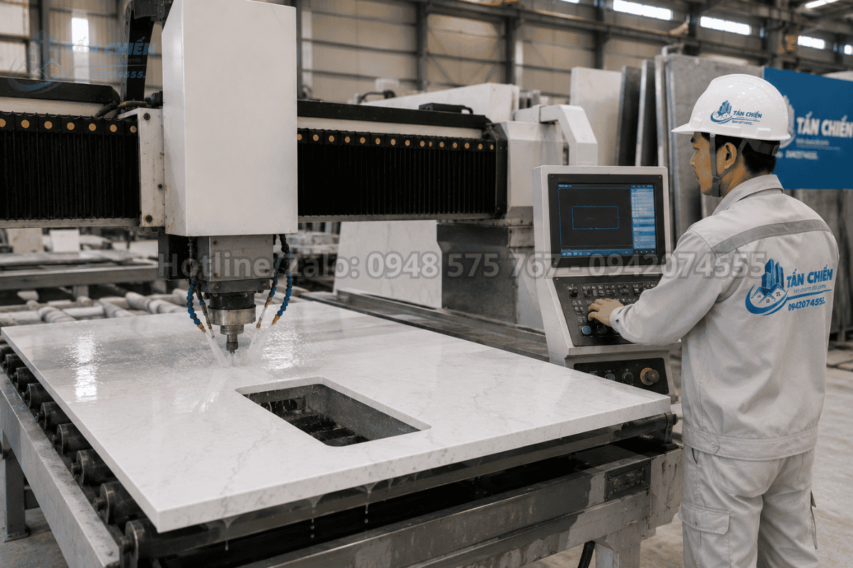 Quy trình lắp đặt bàn bếp đá thạch anh bằng máy CNC hiện đại