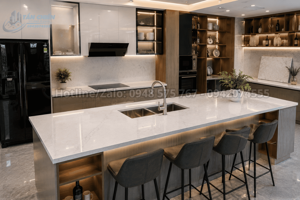 Mẫu bàn bếp đá thạch anh hoàn thiện đẹp tại Tổng Kho Đá Nghệ An