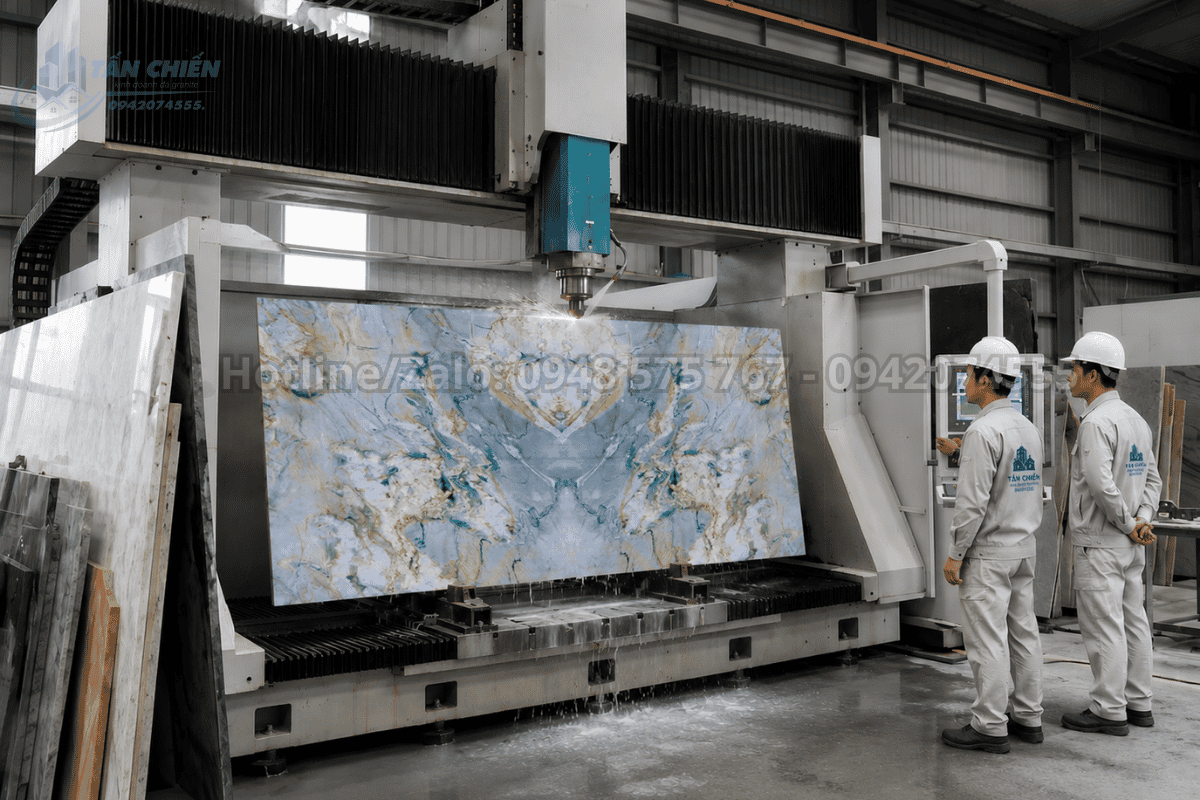 Gia công tranh đá thạch anh tự nhiên vân xanh ngọc bằng CNC