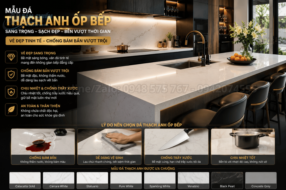 Mẫu đá thạch anh ốp bếp mang lại vẻ đẹp sang trọng và chống bám bẩn vượt trội