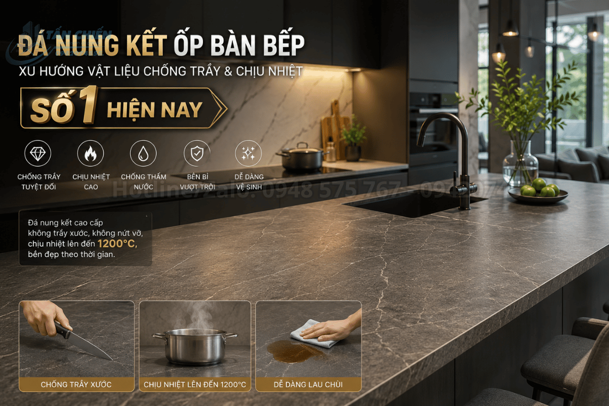 Đá nung kết ốp bàn bếp là xu hướng vật liệu chống trầy và chịu nhiệt số 1 hiện nay