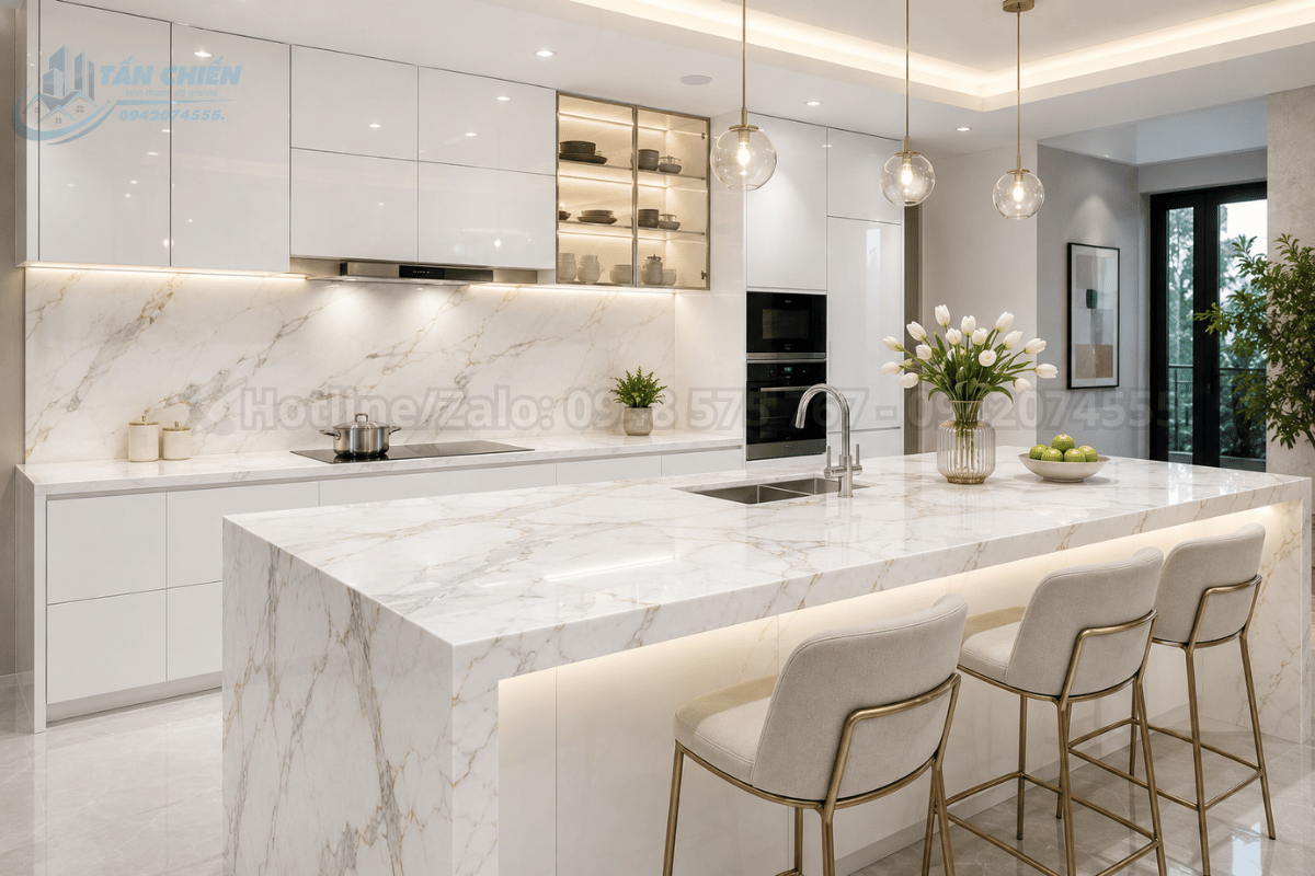 Mẫu đá bàn bếp trắng vân mây Calacatta kết hợp tủ bếp Acrylic trắng