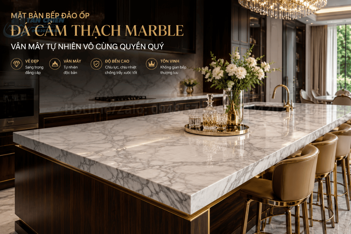 Mặt bàn bếp đảo ốp đá cẩm thạch Marble vân mây tự nhiên vô cùng quyền quý