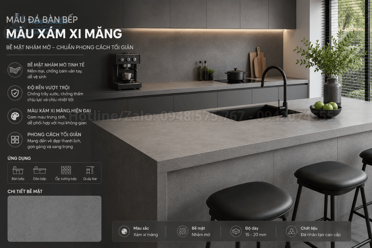 Mẫu đá bàn bếp màu xám xi măng bề mặt nhám mờ chuẩn phong cách tối giản