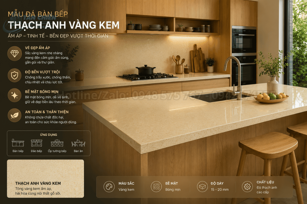 Mẫu đá bàn bếp thạch anh màu vàng kem ấm áp kết hợp cùng nội thất tủ gỗ sồi