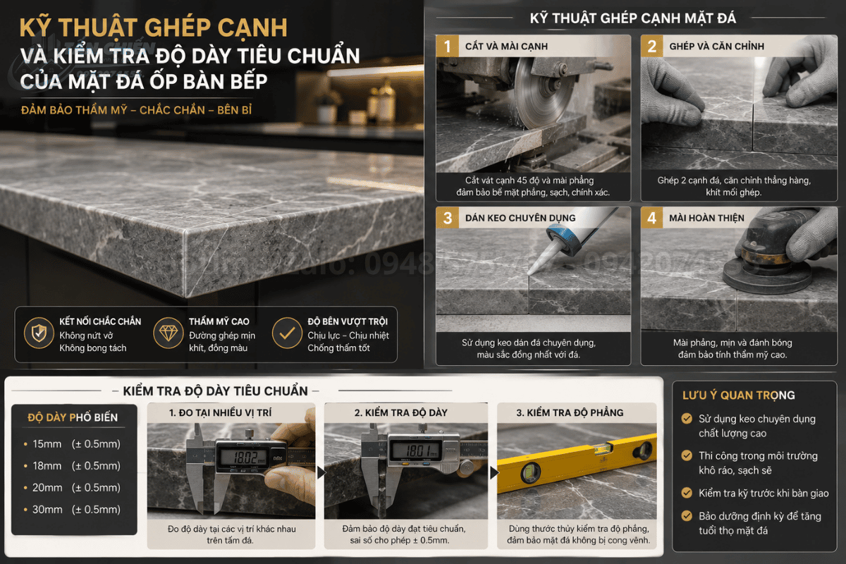 Kỹ thuật ghép cạnh và kiểm tra độ dày tiêu chuẩn của mặt đá ốp bàn bếp