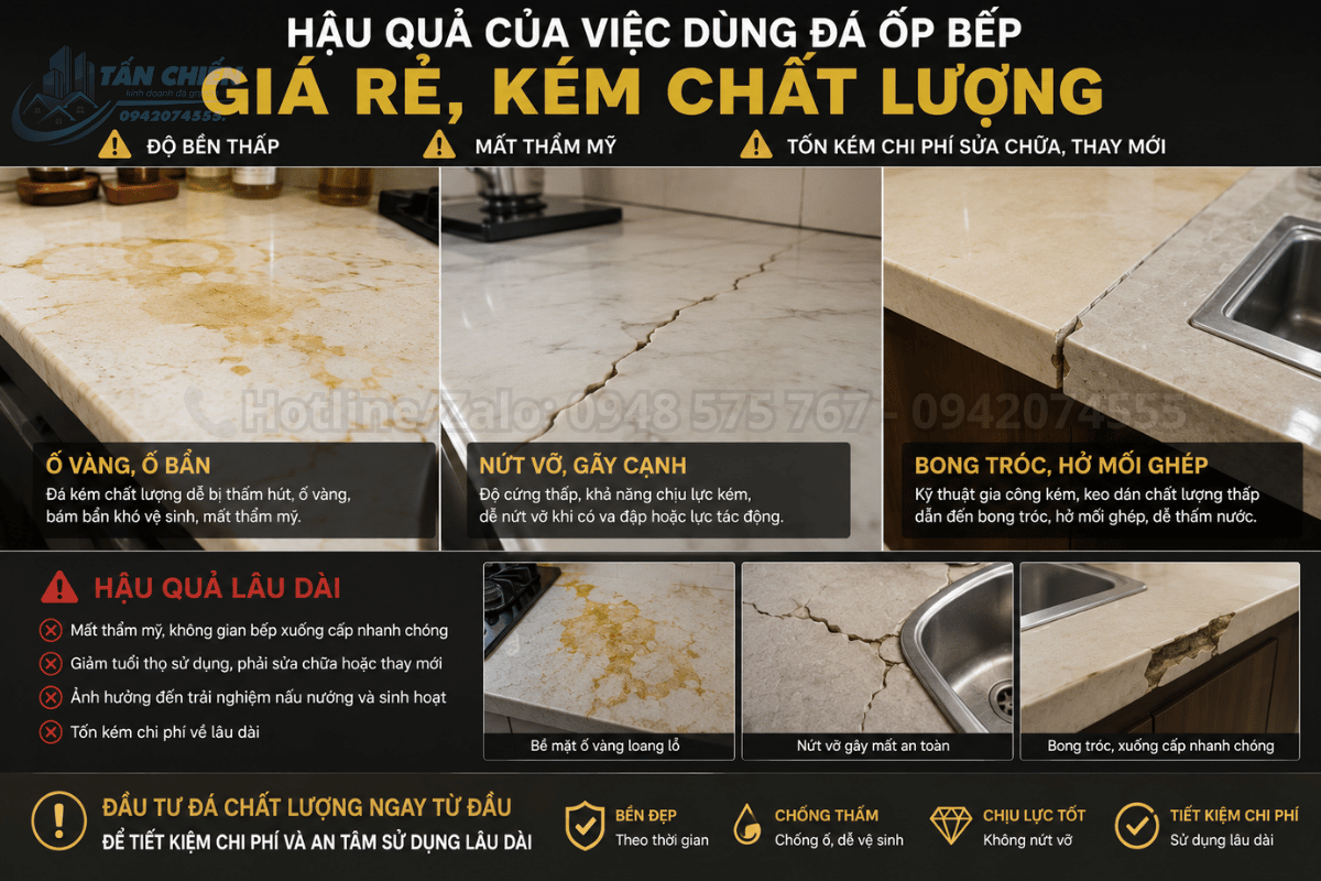 Hậu quả của việc dùng đá ốp bếp giá rẻ kém chất lượng bị ố vàng nứt vỡ