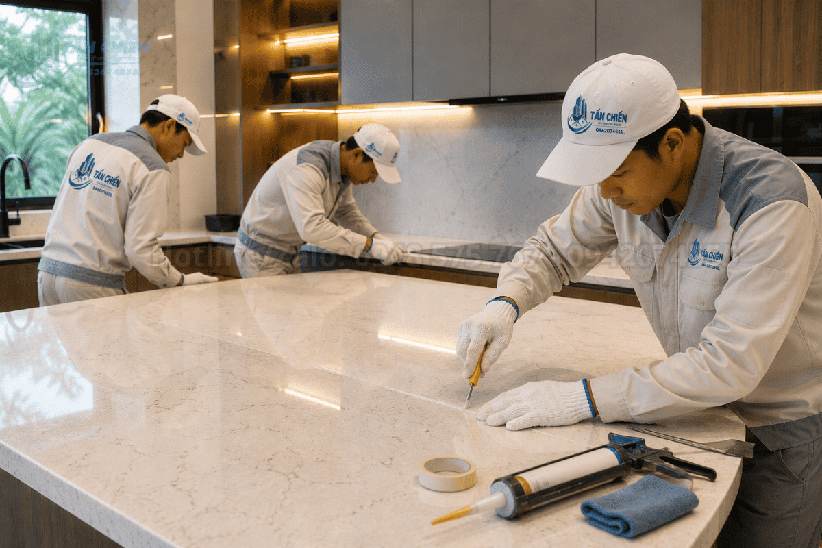 Đội ngũ thợ chuyên nghiệp đang thi công lắp đặt và xử lý mối nối đá bàn bếp