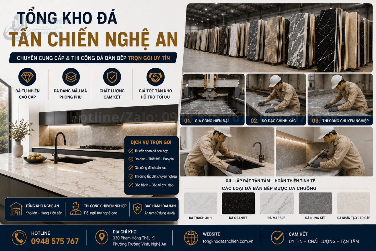 Tổng Kho Đá Tấn Chiến Nghệ An chuyên cung cấp và thi công đá bàn bếp trọn gói uy tín