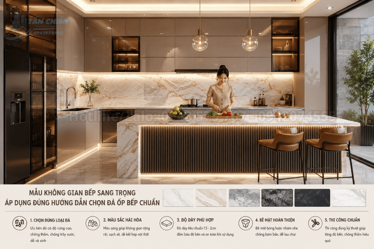 Mẫu không gian bếp sang trọng áp dụng đúng hướng dẫn chọn đá ốp bếp chuẩn
