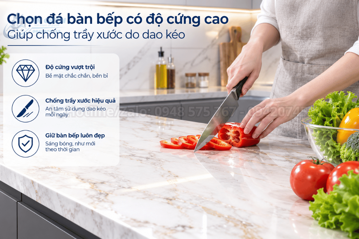 Chọn đá bàn bếp có độ cứng cao giúp chống trầy xước do dao kéo