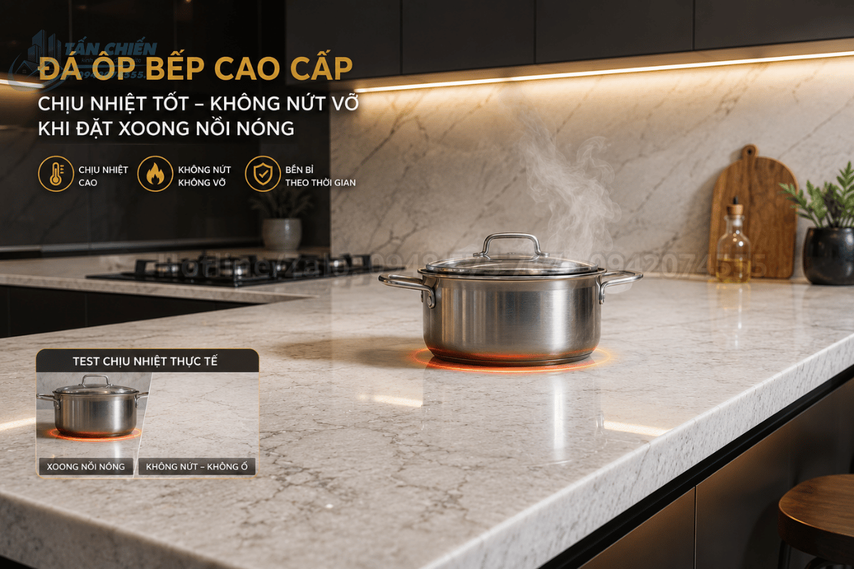 Đá ốp bếp cao cấp có khả năng chịu nhiệt tốt không bị nứt vỡ khi đặt xoong nồi nóng