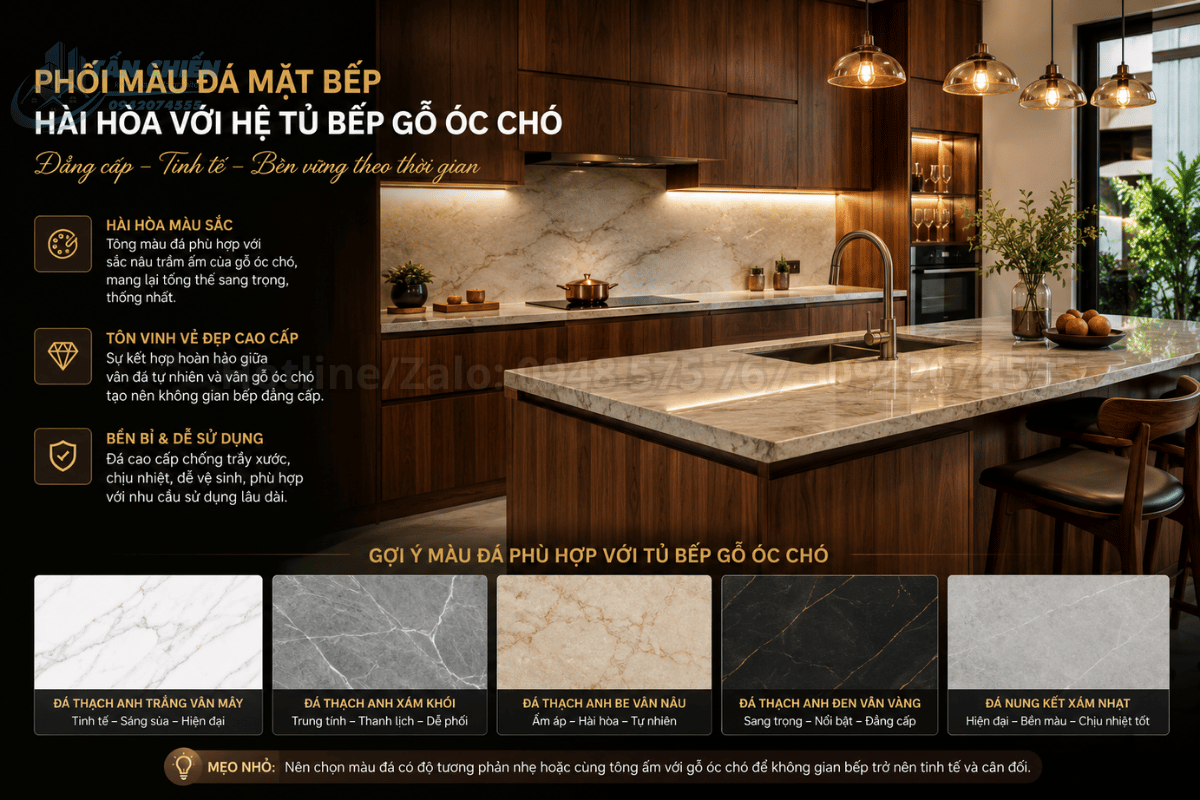 Phối màu đá mặt bếp hài hòa với hệ tủ bếp gỗ óc chó cao cấp