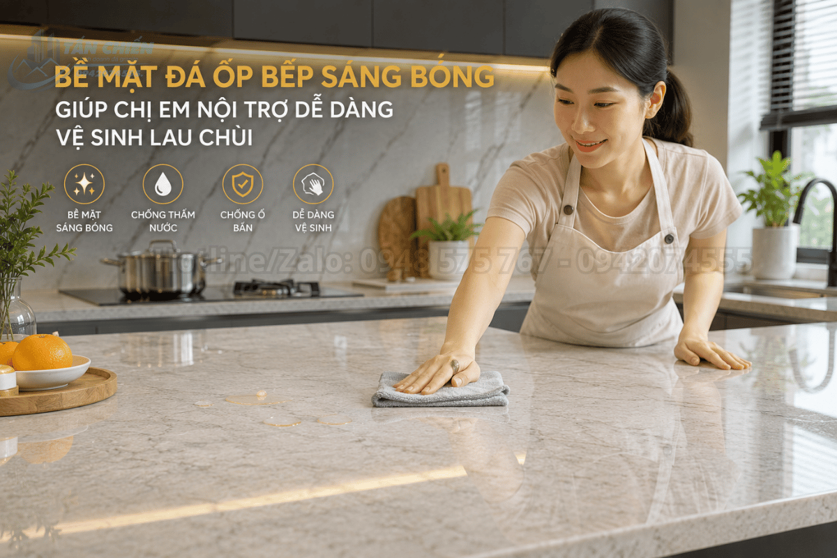 Bề mặt đá ốp bếp sáng bóng giúp chị em nội trợ dễ dàng vệ sinh lau chùi