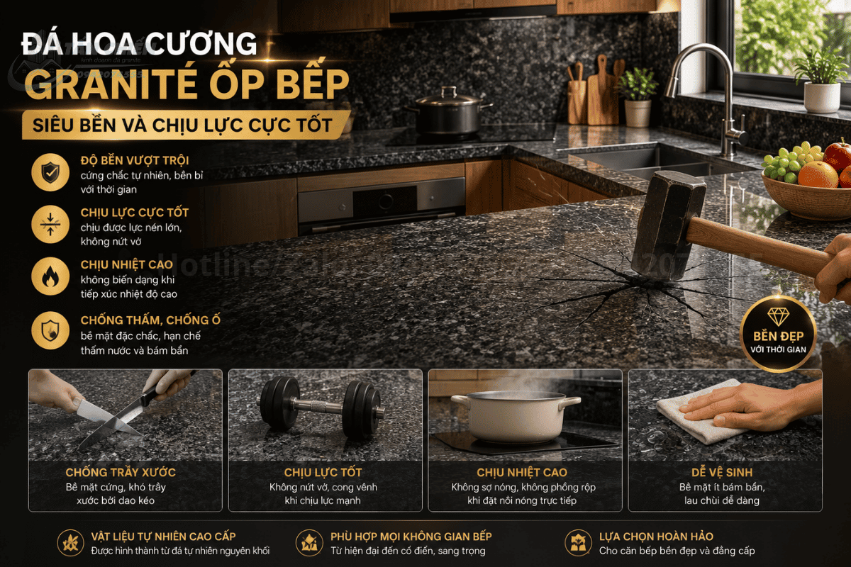 Đá hoa cương Granite ốp bếp siêu bền và có khả năng chịu lực cực tốt