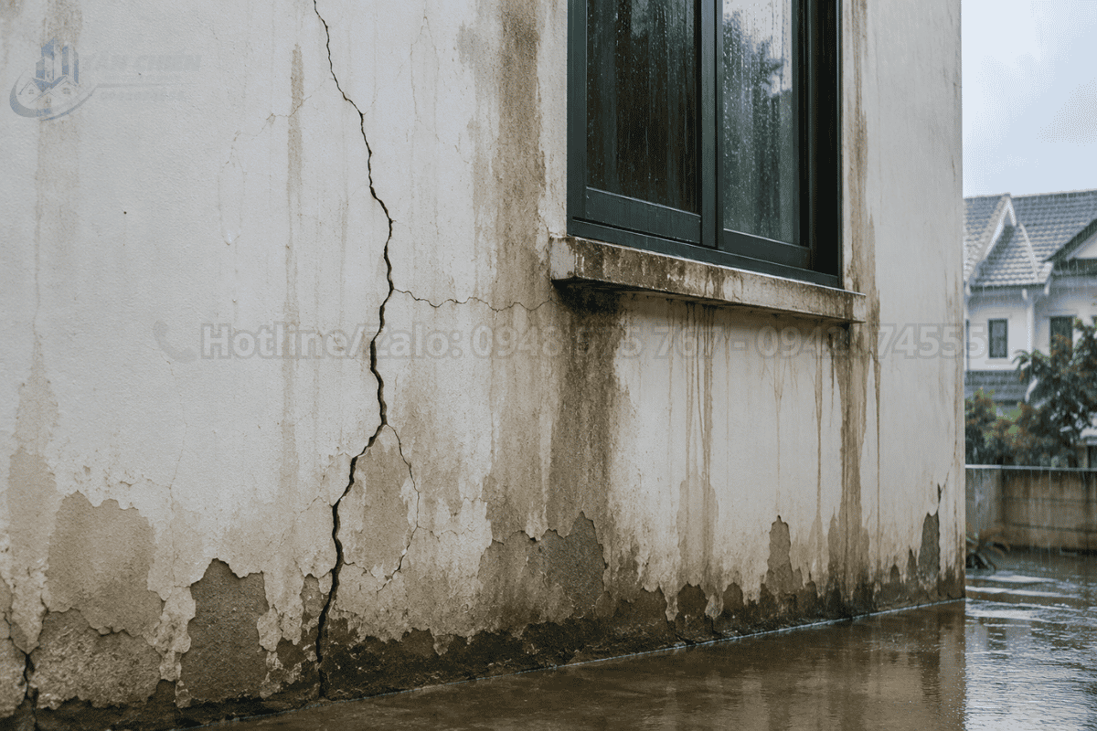 Hình ảnh tường nhà bị nứt xuất hiện vết ngấm nước do mưa lớn kéo dài