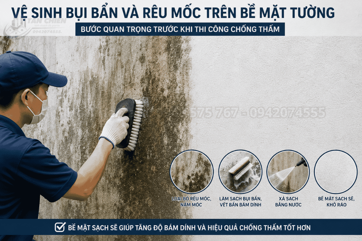 Vệ sinh bụi bẩn và rêu mốc trên bề mặt tường trước khi thi công chống thấm