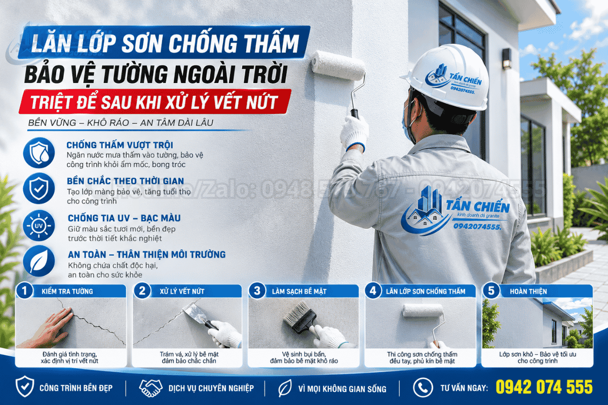 Lăn lớp sơn chống thấm bảo vệ tường ngoài trời triệt để sau khi xử lý vết nứt