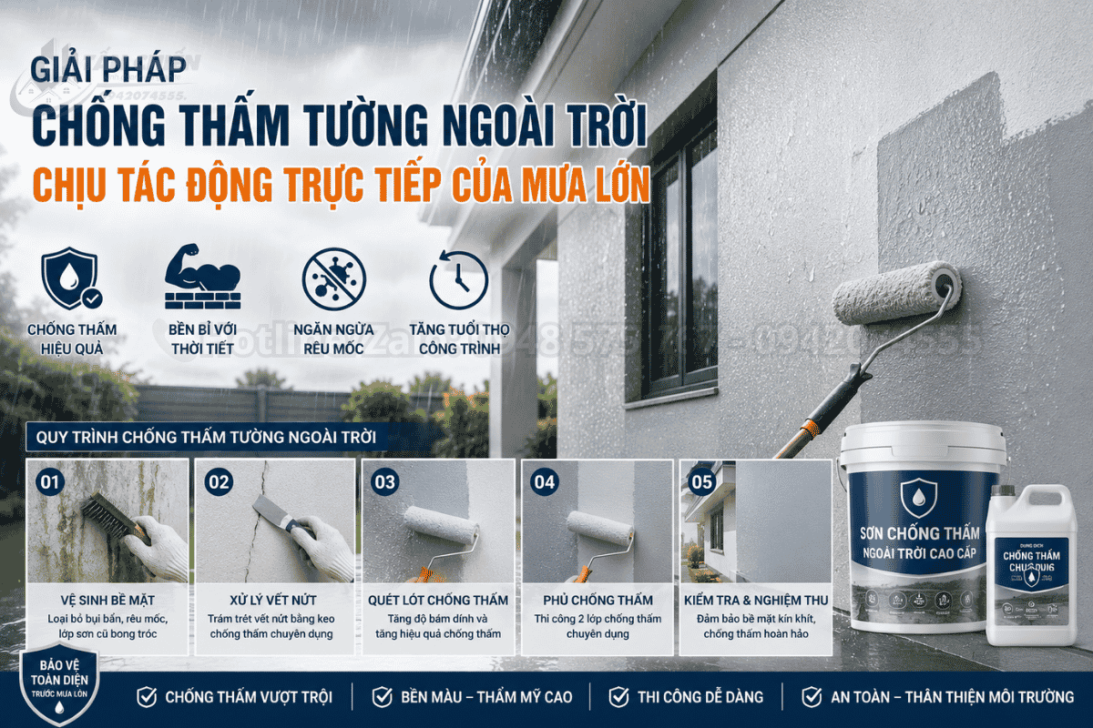 Giải pháp chống thấm tường ngoài trời chịu tác động trực tiếp của mưa lớn