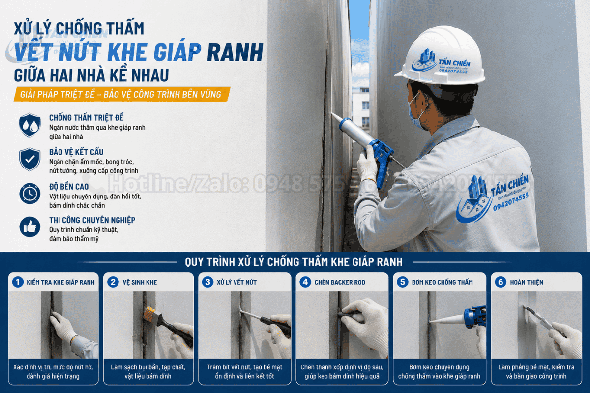 Xử lý chống thấm vết nứt khe giáp ranh giữa hai nhà kề nhau