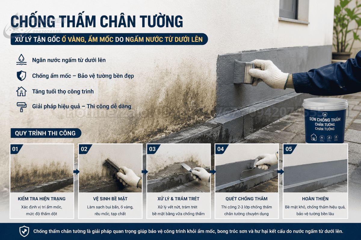 Chống thấm chân tường nhà bị ố vàng ẩm mốc do ngấm nước từ dưới lên