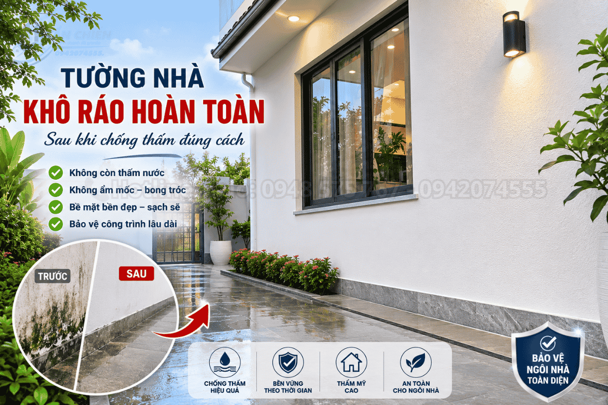 Tường nhà khô ráo hoàn toàn sau khi áp dụng hướng dẫn chống thấm tường