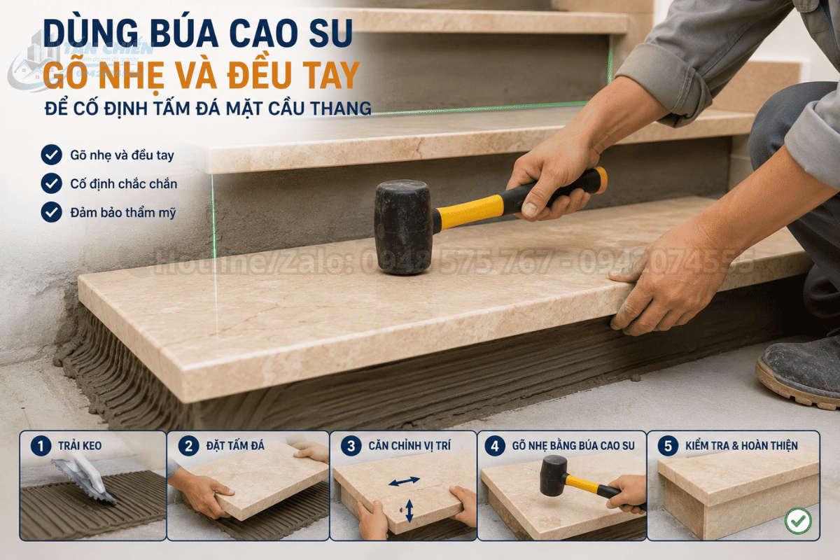 Dùng búa cao su gõ nhẹ và đều tay để cố định tấm đá mặt cầu thang
