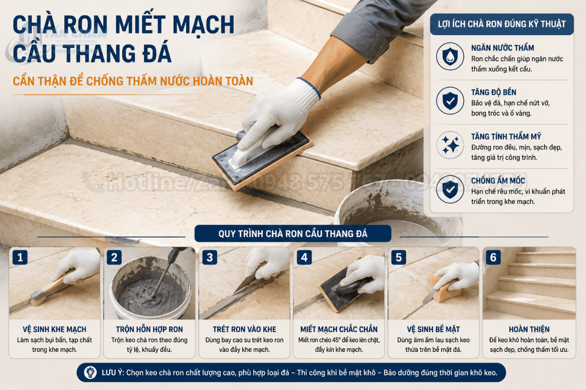 Chà ron miết mạch cầu thang đá cẩn thận để chống thấm nước hoàn toàn