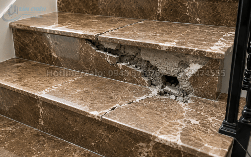 Tình trạng mặt đá ốp cầu thang bị nứt gãy do thi công rỗng vữa bên dưới
