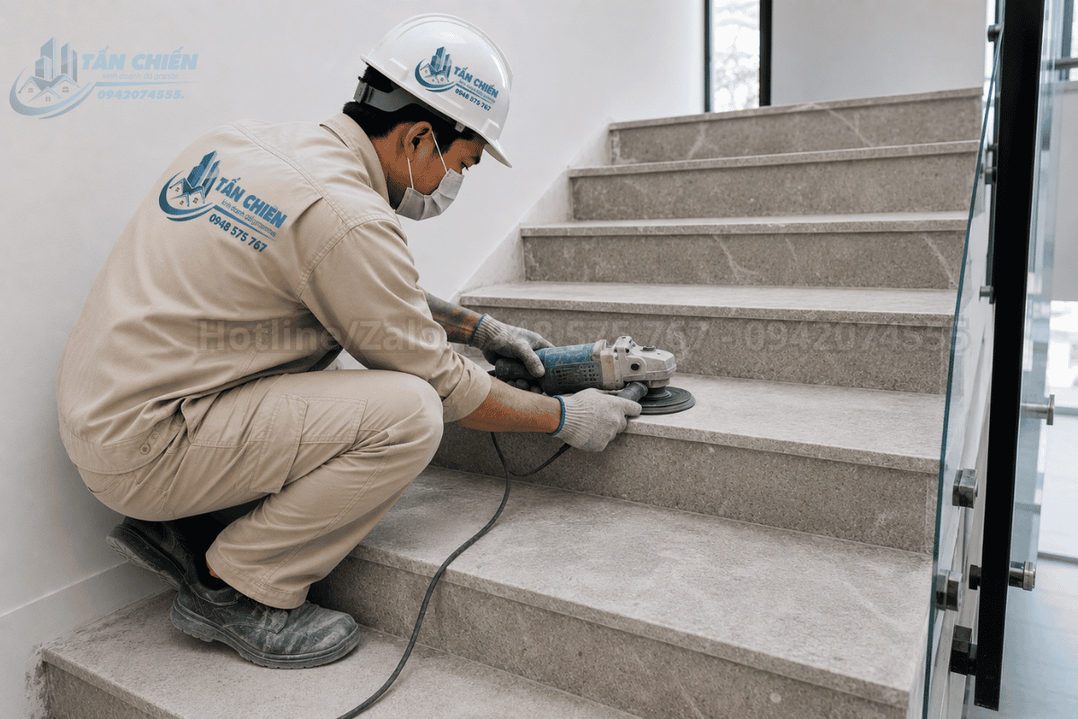 Vệ sinh và xử lý phẳng bề mặt nền bê tông thô trước khi tiến hành ốp đá