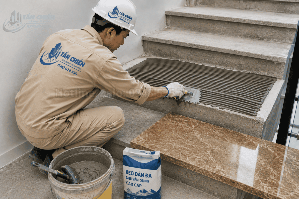 Thợ thi công đo đạc và cắt tấm đá ốp cầu thang chuẩn kích thước thực tế