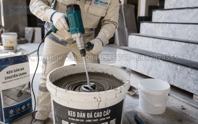 Trộn keo dán đá chuyên dụng bằng máy khuấy đảm bảo độ kết dính cao
