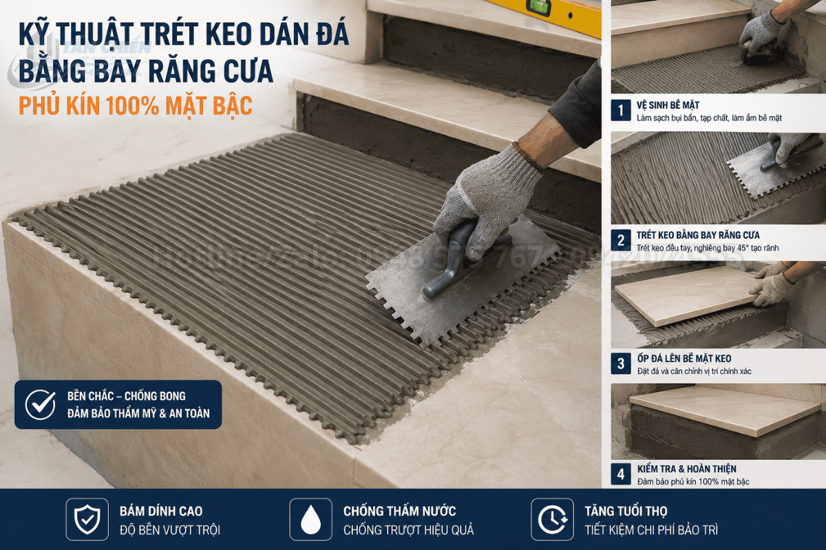 Kỹ thuật trét keo dán đá bằng bay răng cưa phủ kín 100% mặt bậc
