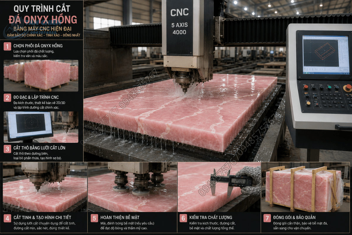 Quá trình cắt đá Onyx bằng máy CNC hiện đại tại xưởng sản xuất để đảm bảo độ chính xác