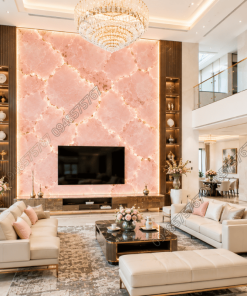 Ứng dụng Mẫu Đá Onyx Hồng Pastel làm vách trang trí phòng khách có hệ thống đèn chiếu sau