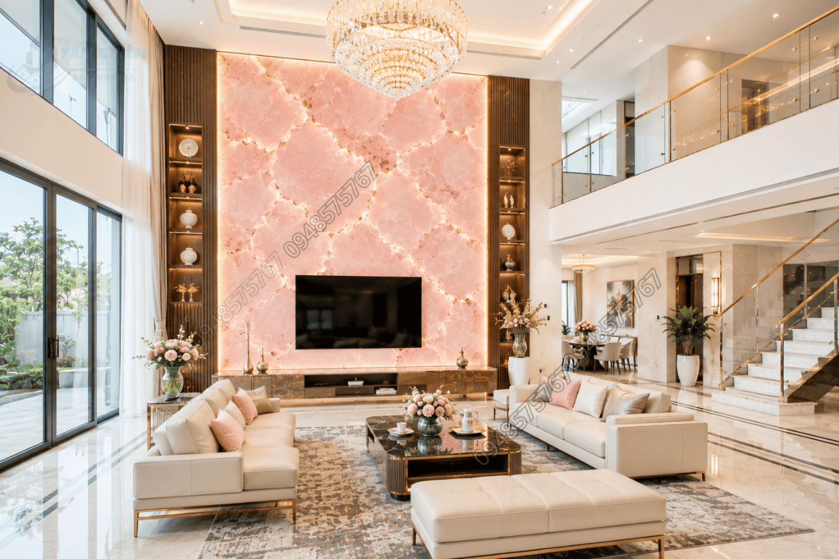 Ứng dụng Mẫu Đá Onyx Hồng Pastel làm vách trang trí phòng khách có hệ thống đèn chiếu sau
