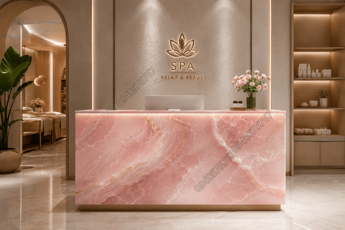 Mặt quầy lễ tân spa được ốp bằng đá Onyx Hồng Pastel gia công vuông vắn
