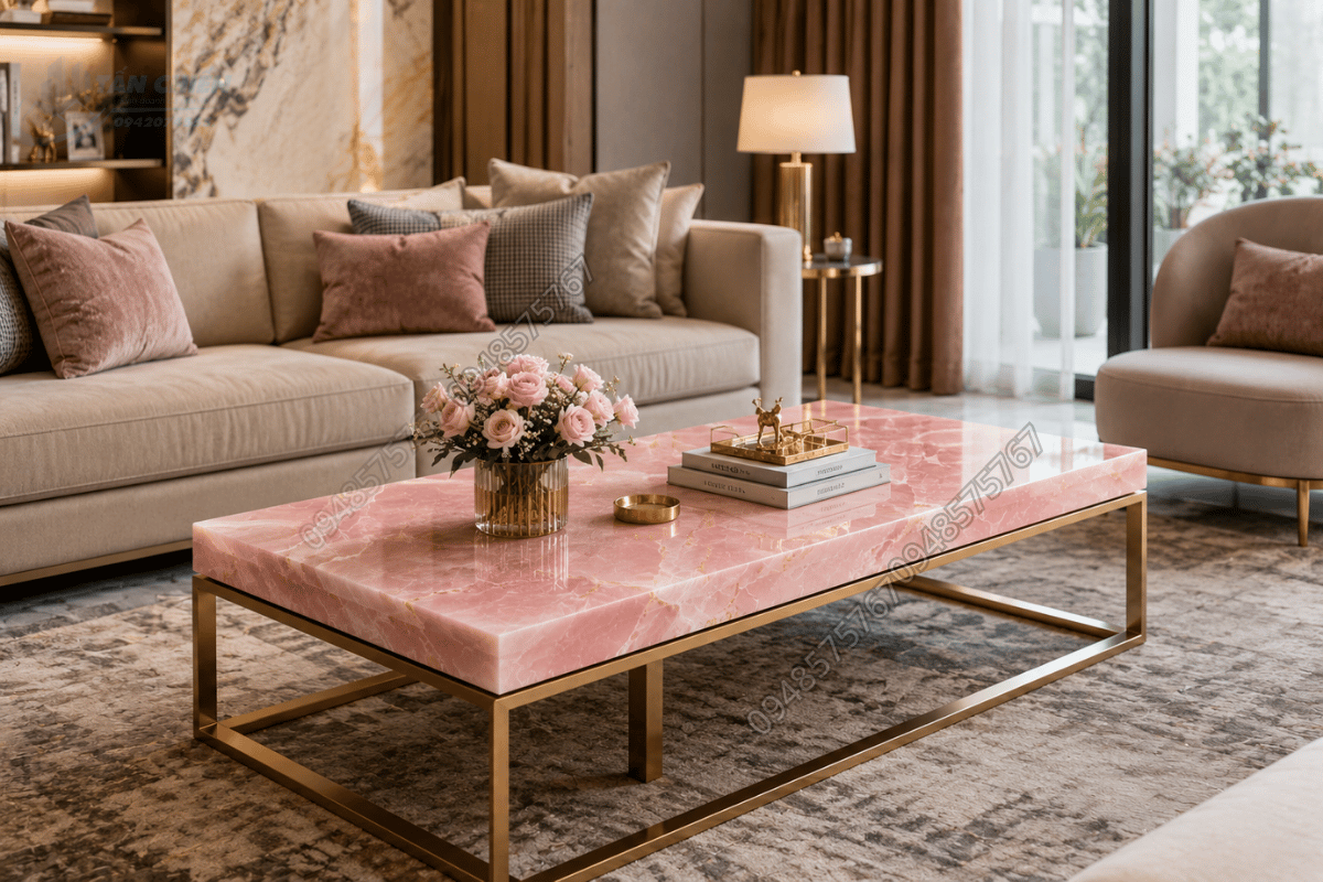 Bàn trà phòng khách sử dụng mặt đá Onyx Hồng Pastel kết hợp chân kim loại