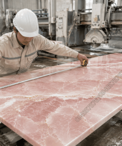 Kỹ thuật viên đo đạc kích thước phiến đá Onyx Hồng Pastel trước khi cắt
