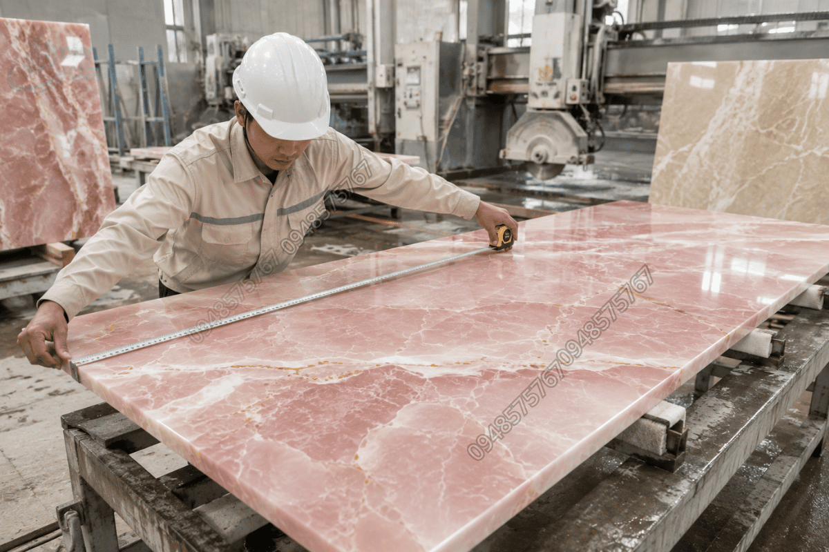 Kỹ thuật viên đo đạc kích thước phiến đá Onyx Hồng Pastel trước khi cắt