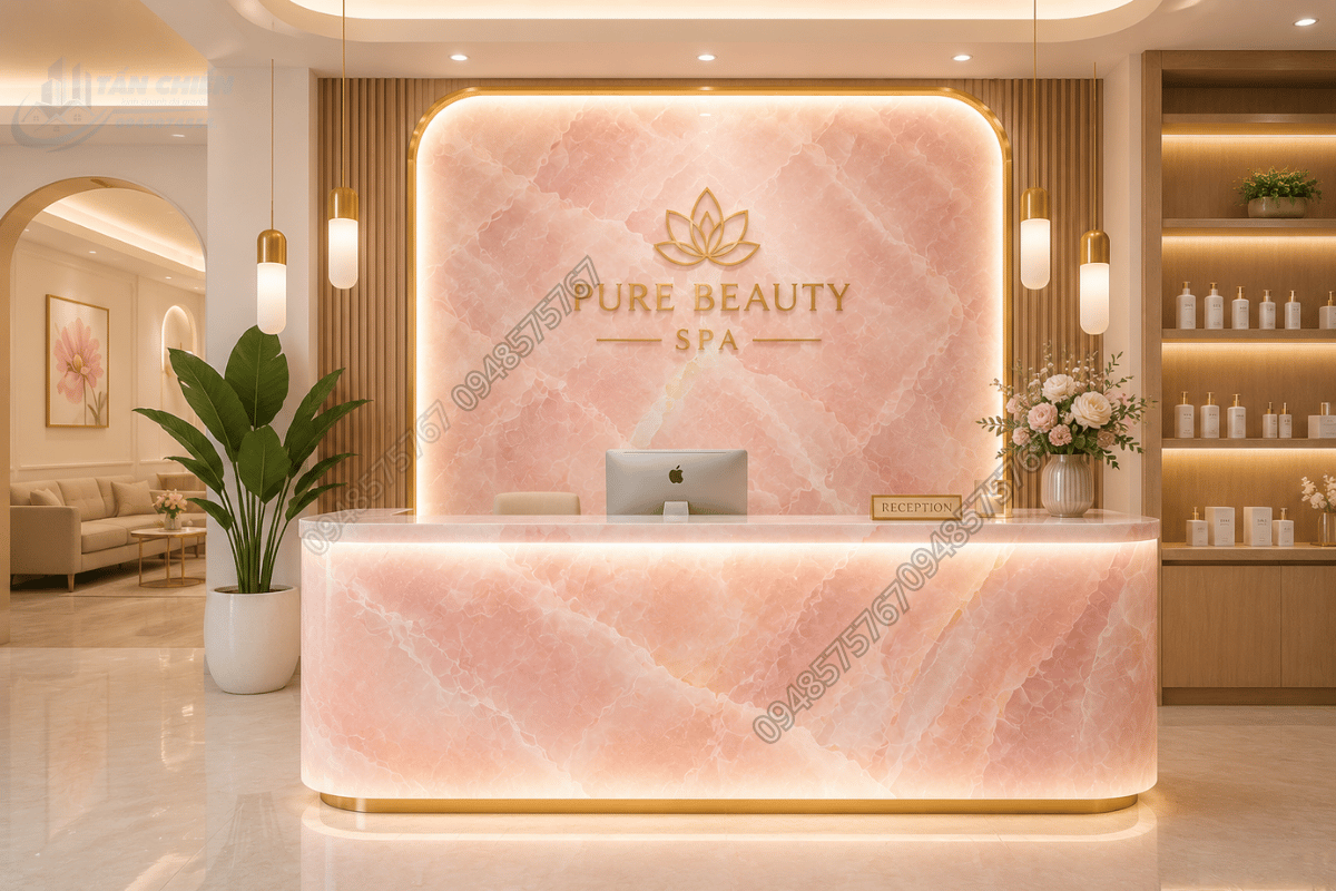 Ứng dụng Mẫu Đá Onyx Hồng Phấn ốp quầy lễ tân sang trọng tại spa cao cấp