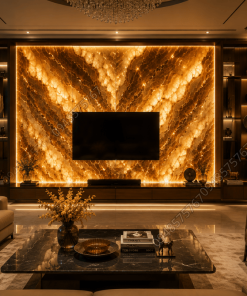 Ứng dụng Mẫu Đá Onyx Nâu làm vách tivi xuyên sáng cho phòng khách biệt thự