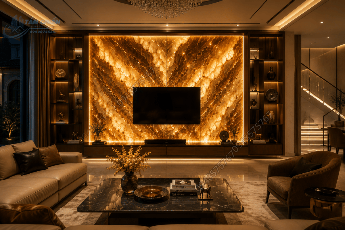 Ứng dụng Mẫu Đá Onyx Nâu làm vách tivi xuyên sáng cho phòng khách biệt thự