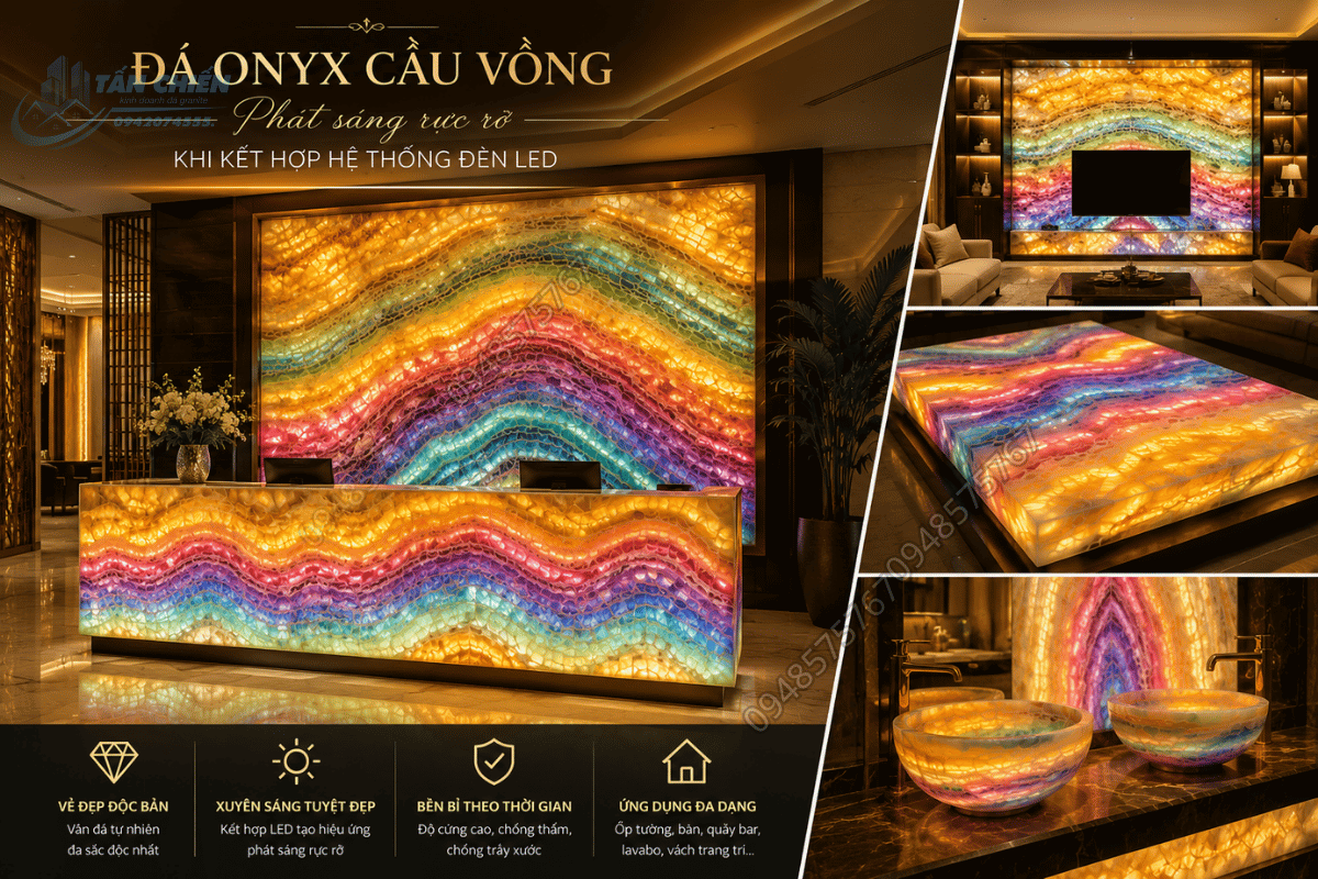 Mẫu Đá Onyx Cầu Vồng phát sáng rực rỡ khi kết hợp hệ thống đèn LED