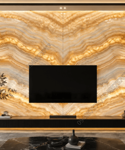 Vách tivi nghệ thuật được ghép từ hai tấm đá Onyx Cầu Vồng đối xứng