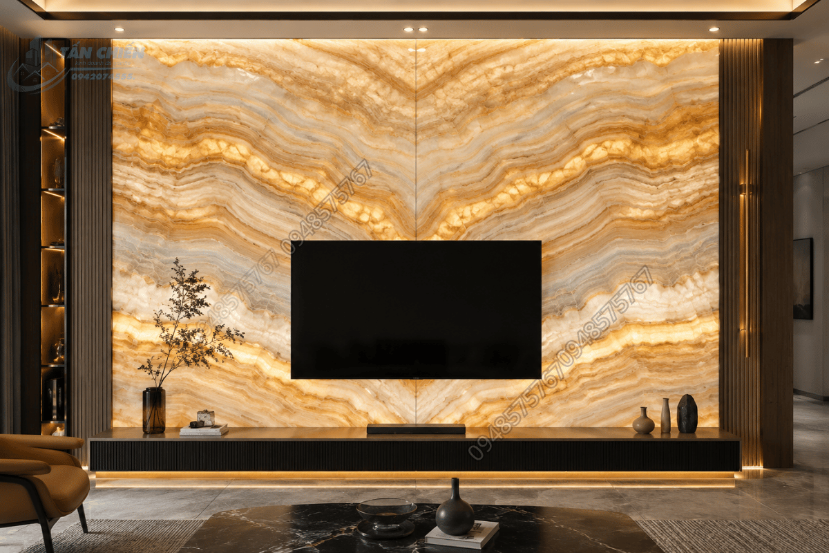 Vách tivi nghệ thuật được ghép từ hai tấm đá Onyx Cầu Vồng đối xứng