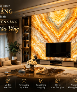 Không gian phòng khách bừng sáng với điểm nhấn từ vách đá xuyên sáng Đá Onyx Cầu Vồng