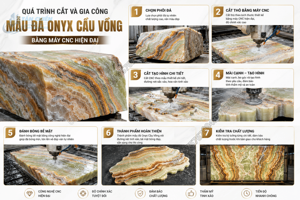 Quá trình cắt và gia công Mẫu Đá Onyx Cầu Vồng bằng máy CNC hiện đại